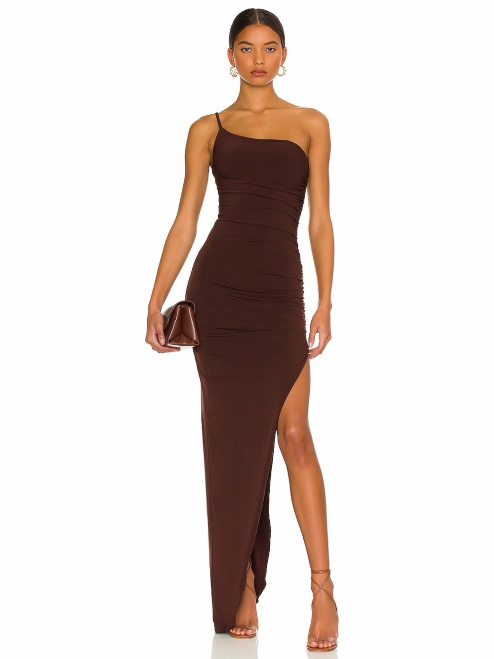 Nookie Revolve Aria Chocolate Brown One Shoulder Slit Maxi Gown Dress XS NWT